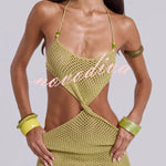 Fashionable Openwork Knit Halter Neck Tie Slim Fit Cover-up Mini Dress