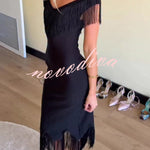 Solid Color V-neck Off-shoulder Slim-fit Tassel Midi Dress