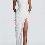 Cyra Back Lace-up Asymmetrical Pleats Strapless Slit Maxi Dress