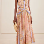 Chapel Linen Blend Floral Print Cutout Tie-up Waist Pocket Halter Backless Maxi Dress