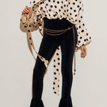 Chrissa Satin Polka Dot Print Lace Trim Tie-up Neck Balloon Sleeve Loose Blouse