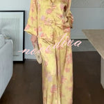 Floral Print Satin Knotted Button Long Sleeve Shirt and Elastic Waist Pocket Wide Leg Pants Set
