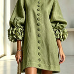 Rima Linen Blend Flowers Button Down Floral Cuffs Half Sleeve Mini Dress