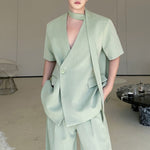 Collarless Ribbon Shoulder Pad Short Sleeve Suit Wide Leg Pants Two Piece Suit
