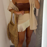 Sorena Linen Blend Button Up Long Sleeve Midi Blouse and Tassel Trim Warp Cover-up Mini Dress Set