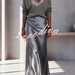 Velma Ribbed Knit V-neck Long Sleeve Relaxed Sweater and Satin Slip Midi Dress
