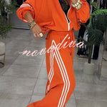 Fashionable Sporty Stripes Long Sleeve Zipper Drawstring Jacket and Elastic Waist Pocket Pants Set