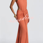 Thekla Stretch Slinky Jersey High Neck Ruched Backless Drape Maxi Dress