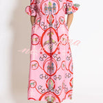 Churchill Social Playful Warhorse Print Stand Neck Ruffle Sleeve Belted Pocket Caftan Midi Dress