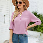 Zeagoo Solid Color Shirt Loose Casual V Neck Long Sleeve Western Blouse