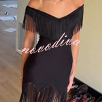Solid Color V-neck Off-shoulder Slim-fit Tassel Mini Dress