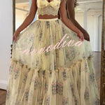 Vita Floral Satin Bow Lace Back Lace-up Crop Tank and Tulle High Rise A-line Maxi Skirt Set