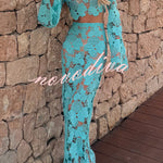 Kylee Floral Cutout Embroidered High Neck Bell Sleeve Crop Top and High Rise Flare Maxi Skirt Set