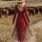 Western Style Vintage Embroidered Red Fringed Faux Suede Midi Dress