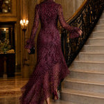 Elegant And Fashionable Burgundy Chiffon Snakeskin Pattern Ruffled Long-Sleeved Maxi Dress