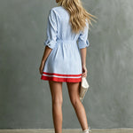 Retro-style Color-blocked Trim Blue Striped Long-sleeved Collared Cotton Mini Dress