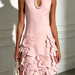 Delicate Silhouette Pearl Trim Cutout Neck Sleeveless 3D Florals Hem Mini Dress