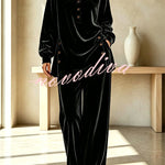 Velvet Button Detail Shirt Neck Top and Elastic Waist Pocket Wide Leg Pants Set