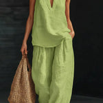 Linen Blend Solid Color V-neck Sleeveless Loose Top and Elastic Waist Casual Pocket Pants Set