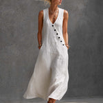 Stylish Simple Loose-fitting Sleeveless V-neck Diagonally Buttoned Cotton White Maxi Dress