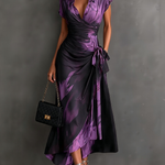 Elisa | Midi Wrap Dress in Abstract Print, Purple