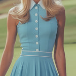 Elegant Sports White Button Detail Baby Blue Sleeveless Mini Dress
