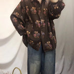 Art dark gray print tunic pattern lapel baggy fall top