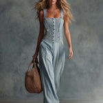 Retro Personality Light Blue Distressed Denim Overalls Jumpsuit