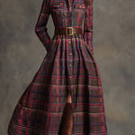 Retro Ethnic Style Lapel Reddish Brown Plaid Maxi Dress