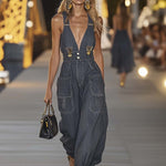 Fashion Personality Loose V-neck Suspender Denim Jumpsuit