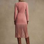 Western Retro Leopard Print Pink Faux Suede Zipper Tassel Midi Dress