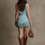 Western Retro Light Blue Faux Suede Sleeveless Tassel Mini Dress