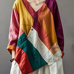 Colorblock Patchwork Linen Loose Blouses Asymmetrical Summer