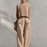 Casual Breathable Urban Style Beige Knitted Top And Cotton Pants Set