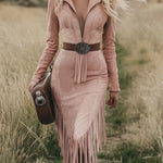 Western Retro Pink Long-sleeved Tassel Midi Dress
