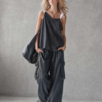 Exquisite Casual Workwear-inspired Dark Blue Cotton Off-the-shoulder Tank Top And Pants Set