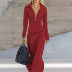 Elegant Retro Sporty V-neck Front Zipper Long-sleeved Pink Maxi Dress
