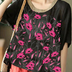 Organic Black Embroidered Low High Design Linen Tanks Short Sleeve