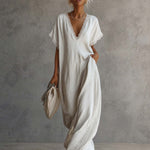 Casual Bohemian Urban V-neck Short-sleeved Lace Trim White Cotton Maxi Dress
