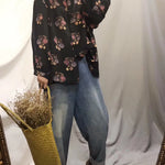 Art dark gray print tunic pattern lapel baggy fall top