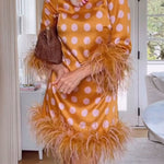 Playful and Cute Satin Polka Dot Print Half Sleeve Feather Trim H-line Mini Dress