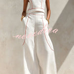 Elysia Contrast-Stitch Linen Two-Piece Set