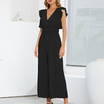 Zeagoo Women's Casual Loose Jumpsuit V Neck Sleeveless Solid Ruffle Pleated Wide-leg Long Playsuit with Belt