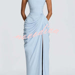Cyra Back Lace-up Asymmetrical Pleats Strapless Slit Maxi Dress