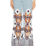 Belma Denim Handmade Embroidered Floral Crochet Detail Tassel Hem Pocket Jeans