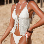 Solid Color Lace Backless Tie Two-piece Stretch Bikini Swimsuit