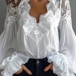 Fashionable Patchwork Lace V-neck Puff Sleeve Loose Shirt