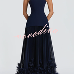 Serafina Strapless Back Lace-up Handcrafted Floral Appliqués Pleated Hem Gown Maxi Dress