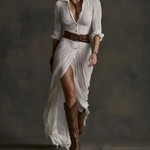 Aurora™ | Long Linen Dress with Inverted Collar