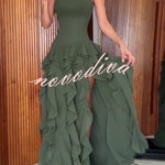 Elegant Sleeveless Off-shoulder Fitted Ruffled High Slit Maxi Dress